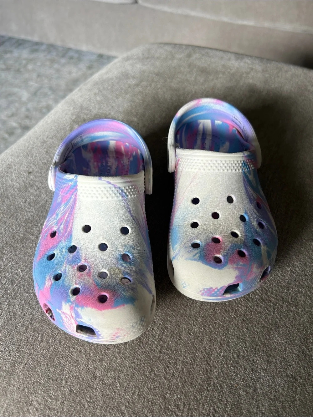 CROCS Kids Tie-Dye Slip-On Clogs in White, Pink & Blue